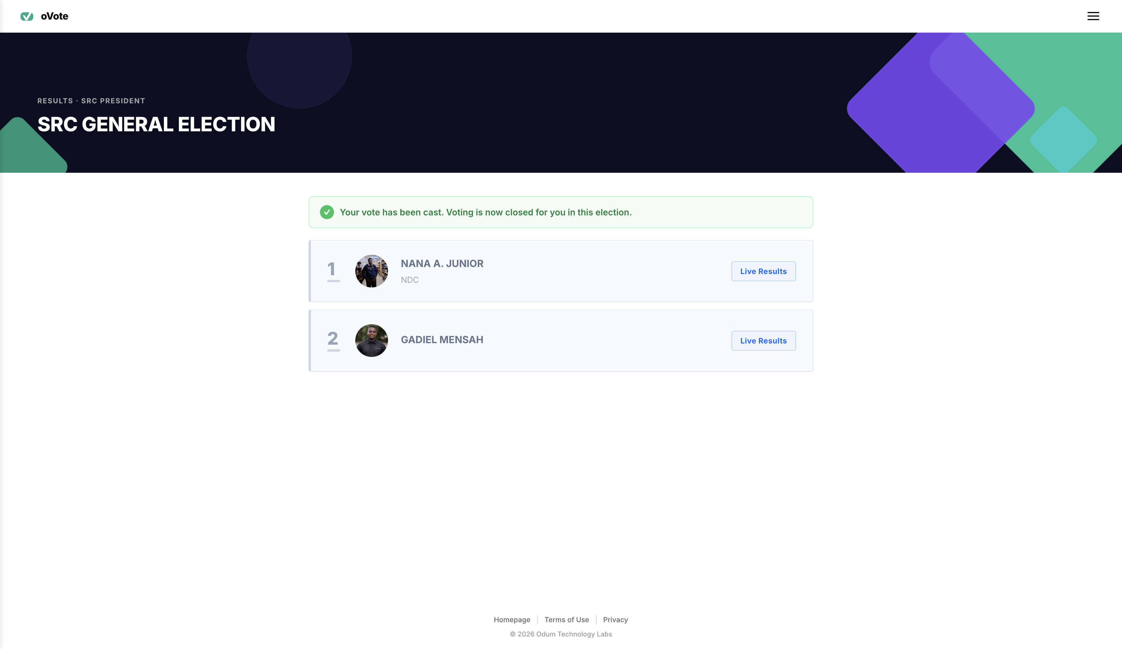 oVote live election results screen