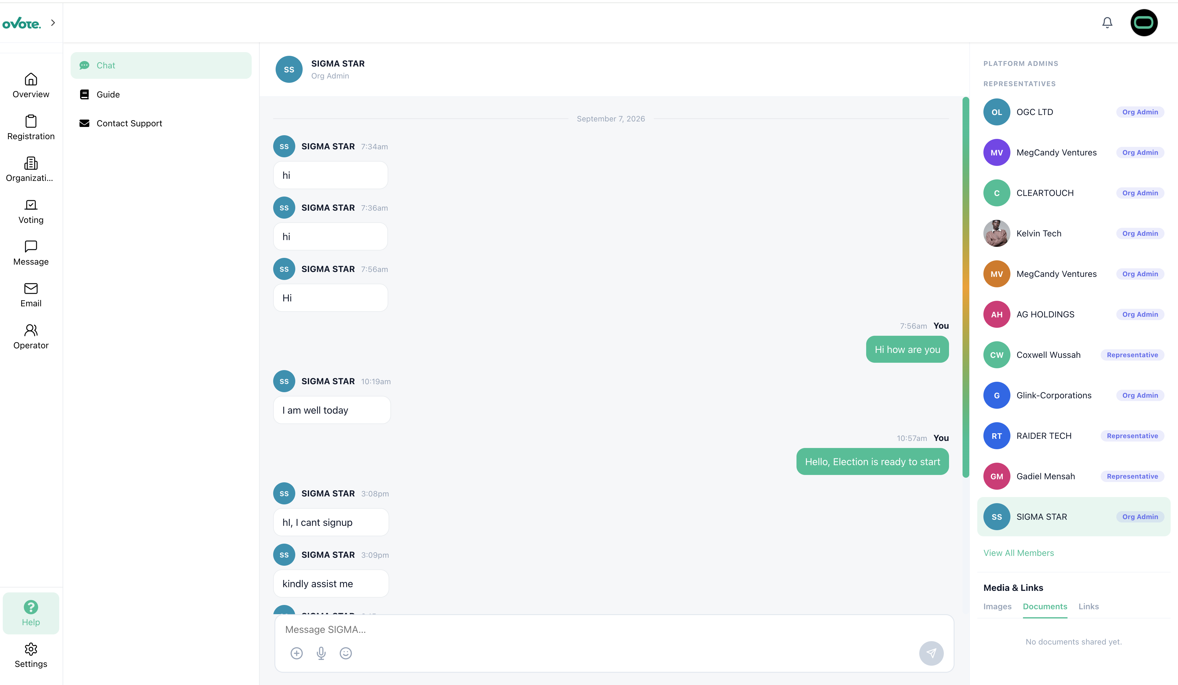 oVote in-platform support chat