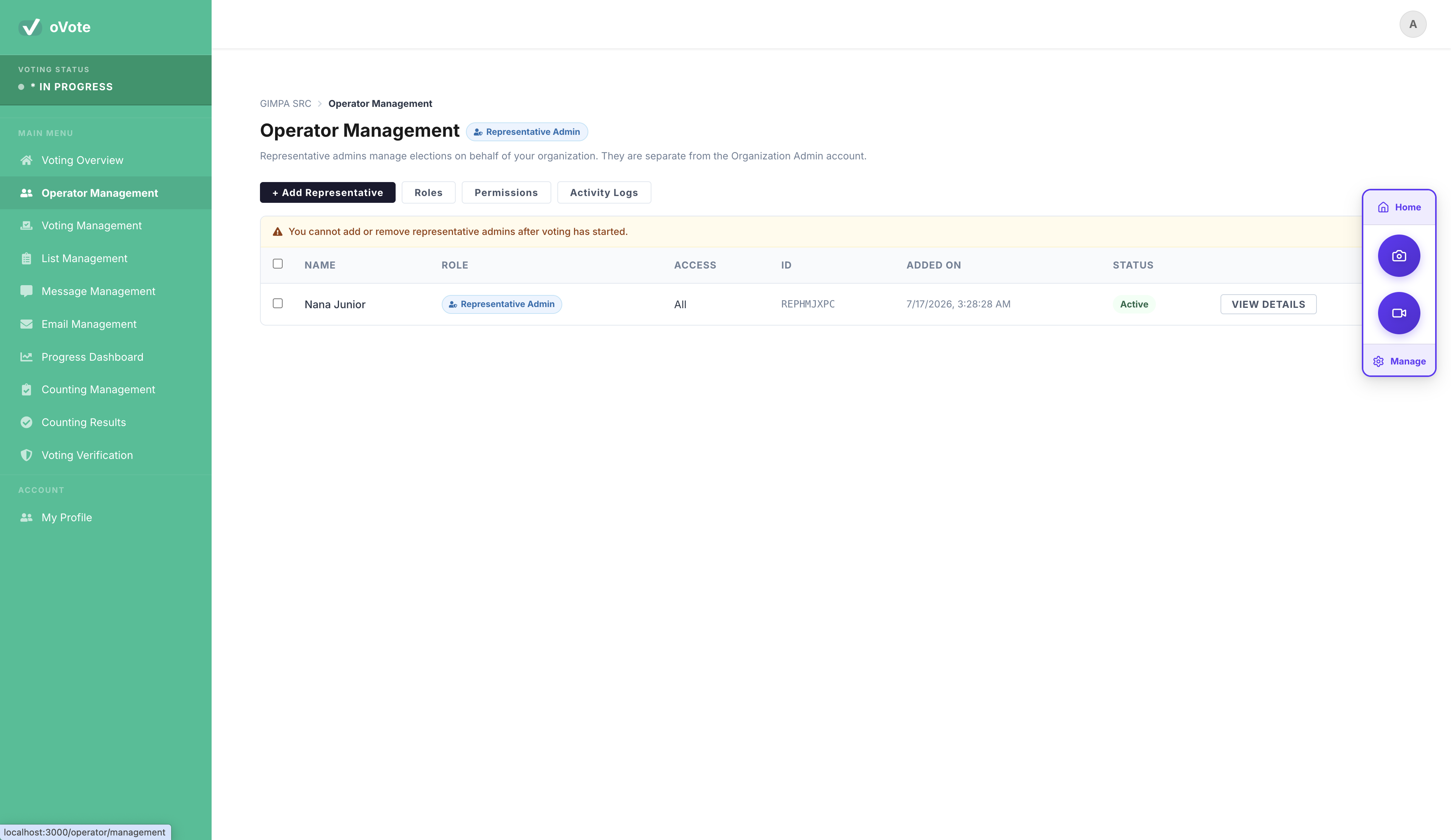 oVote operator management screen